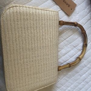 Beige Woven Handbag with Bamboo Handle